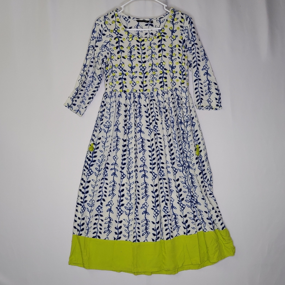 Melange Midi Dress Womens XS Boho Indian Blue Yellow Floral Mirror-Sequin Embroi